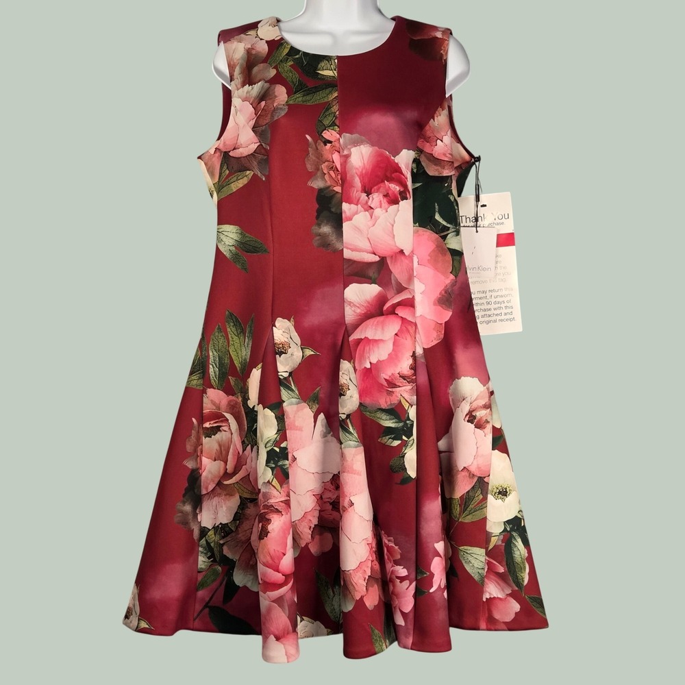 NEW Calvin Klein Women 12 Fit & Flare Floral Dress‎ Burgundy Sleeveless Pockets